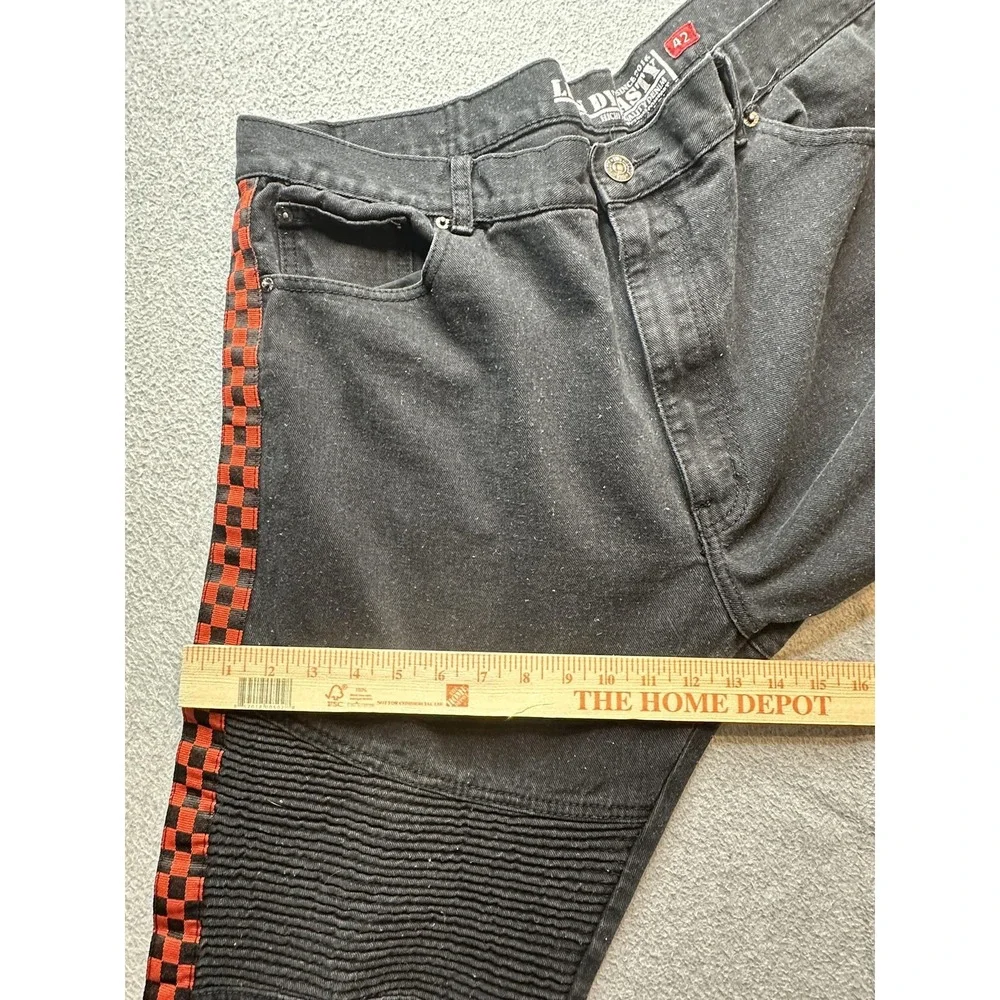 Lion Dynasty Jeans Mens 42x30 Black Denim Moto Biker Ribbed Red Checkered Stripe